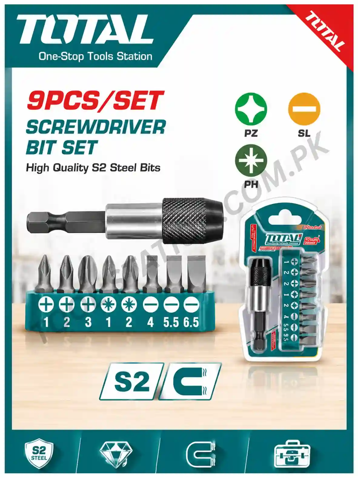 TOTAL 9-Piece Screwdriver Bit Set - High Quality S2 Steel Bits with Quick Release Magnetic Holder TASCD3091 (PZ, PH, and Slotted / SL Varieties) TOTAL 9-Piece Screwdriver Bit Set - High Quality S2 Steel Bits with Quick Release Magnetic Holder TASCD3091 (PZ, PH, and Slotted / SL Varieties)