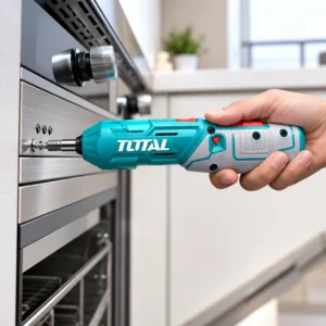 TOTAL Cordless Electric Screwdriver in teal and gray with red controls on a white background toolstationpakistan, toolstation.com