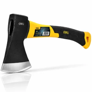 Deli yellow and black hand axe with sharp steel blade and ergonomic handle on white backgroundtoolstationpakistan, toolstation.com