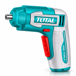 TOTAL 4V Cordless Screwdriver with USB Type-C Charging, Teal and White Body, Red Trigger and Metal Bit Holdertoolstationpakistan, toolstation.com
