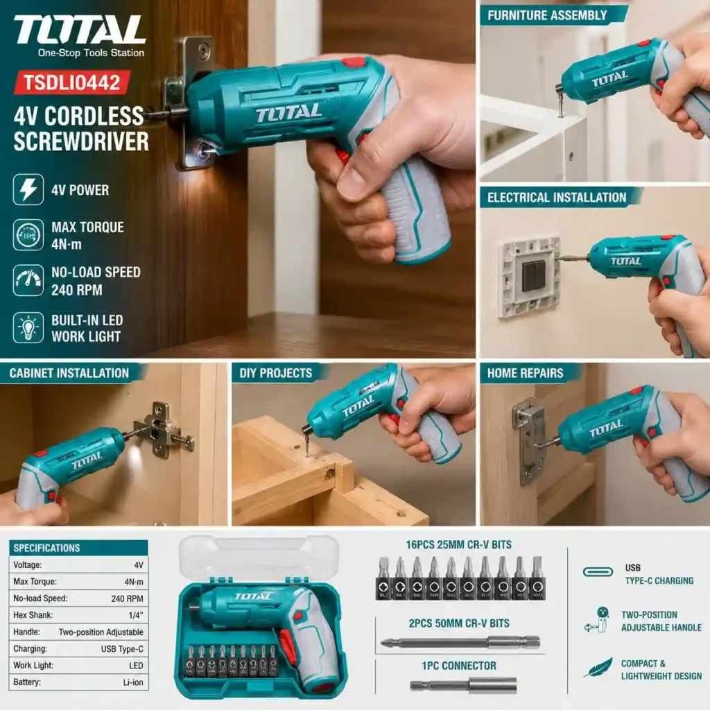 TOTAL Cordless Screwdriver 4V TSDLI0442 – 19 Pcs Set