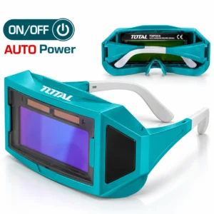 TOTAL TSP9405 auto-darkening welding goggles with teal frame, clear protective lens, and adjustable white armstoolstationpakistan, toolstation.com