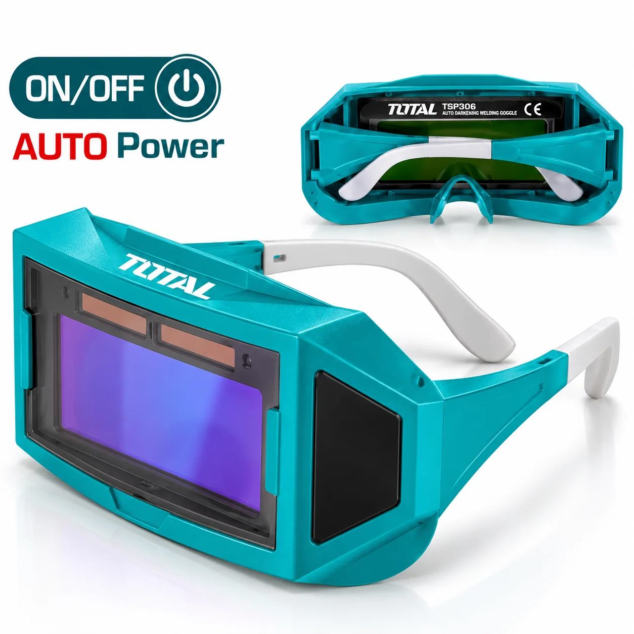 TOTAL TSP9405 Auto-Darkening Welding Goggles – Teal Safety Glasses toolstationpakistan, toolstation.com TOTAL TSP9405 auto-darkening welding goggles with teal frame, clear protective lens, and adjustable white armstoolstationpakistan, toolstation.com