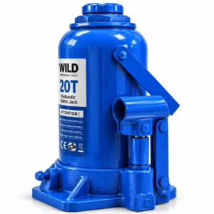 WiLD 20 ton hydraulic bottle jack in blue with heavy-duty base and side pump assembly on a white backgroundtoolstationpakistan, toolstation.pk