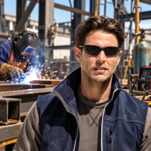 TOTAL safety welding goggles worn by a worker during metal cutting and welding work with flying sparkstoolstationpakistan, toolstation.com