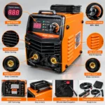 Toolstation Pakistan orange and black welding inverter with cooling vents, carry handle, power cable and safety warning labeltoolstationpakistan, tollstation.com