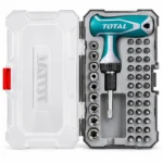 TOTAL screwdriver bit set with teal T-handle, multiple screwdriver bits and chrome sockets in an open storage case.toolstationpakistan, toolstatin.com