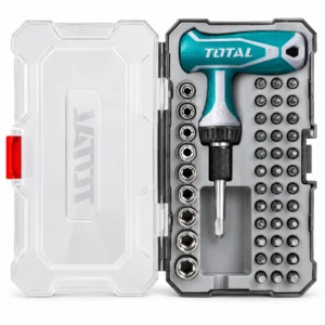 TOTAL screwdriver bit set with teal T-handle, multiple screwdriver bits and chrome sockets in an open storage case.toolstationpakistan, toolstatin.com