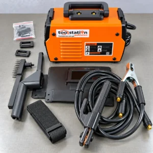 Toolstation Pakistan orange and black welding inverter with cooling vents, carry handle, power cable and safety warning labeltoolstationpakistan, tollstation.com