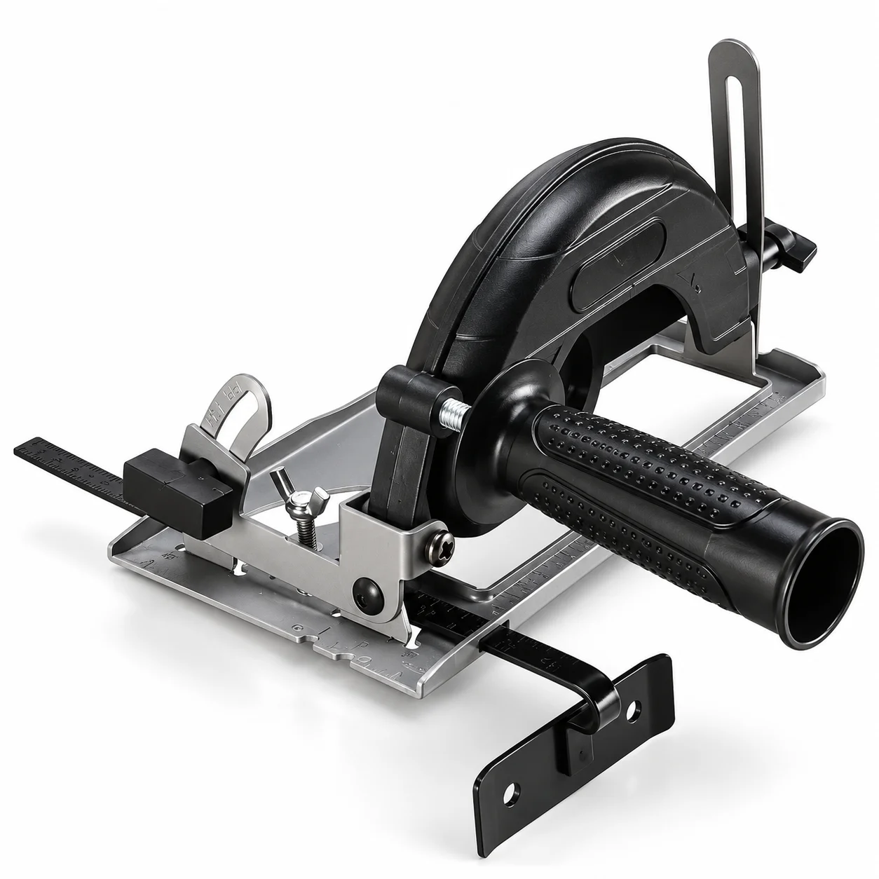 Angle Grinder Dust-Free Cutting Bracket – Adjustable Cutting Guidetoolstatinpakistan, toolstation.com tBlack and silver angle grinder dust-free cutting bracket with adjustable guide, protective guard, and side handleoolstatinpakistan, toolstation.com