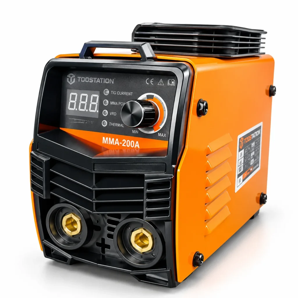 Toolstation Pakistan orange and black welding inverter with cooling vents, carry handle, power cable and safety warning labeltoolstationpakistan, tollstation.com