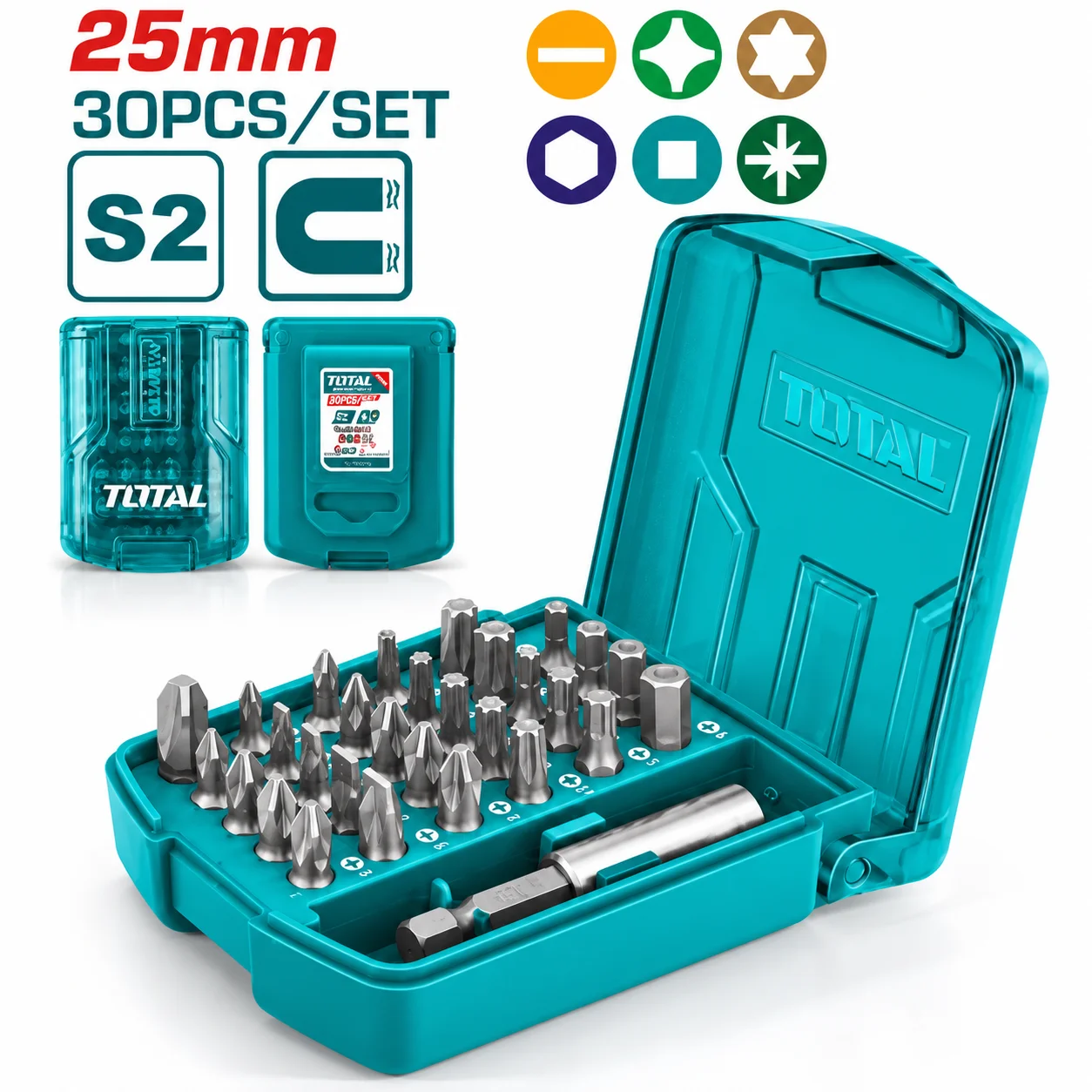 TOTAL 30-Piece Screwdriver Bit Set – 25mm S2 Magnetic Bitstoolstationpakistan, toolstation.com TOTAL 30-piece 25mm screwdriver bit set with S2 steel magnetic bits and teal storage casetoolstationpakistan, toolstation.com