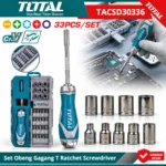 TOTAL 33-piece screwdriver and socket set with teal handle, chrome sockets, screwdriver bits, and open tool casetoolstationpakistan, toolstation.com