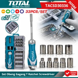 TOTAL 33-piece screwdriver and socket set with teal handle, chrome sockets, screwdriver bits, and open tool casetoolstationpakistan, toolstation.com