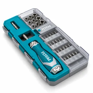 TOTAL 33-piece screwdriver and socket set with teal handle, chrome sockets, screwdriver bits, and open tool casetoolstationpakistan, toolstation.com