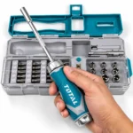 TOTAL 33-piece screwdriver and socket set with teal handle, chrome sockets, screwdriver bits, and open tool casetoolstationpakistan, toolstation.com