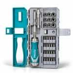 TOTAL 33-piece screwdriver and socket set with teal handle, chrome sockets, screwdriver bits, and open tool casetoolstationpakistan, toolstation.com