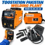 Toolstation Pakistan orange and black welding inverter with cooling vents, carry handle, power cable and safety warning labeltoolstationpakistan, tollstation.com