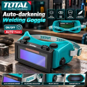 TOTAL TSP9405 auto-darkening welding goggles with teal frame, clear protective lens, and adjustable white armstoolstationpakistan, toolstation.com