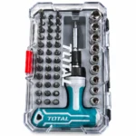 TOTAL screwdriver bit set with teal T-handle, multiple screwdriver bits and chrome sockets in an open storage case.toolstationpakistan, toolstatin.com