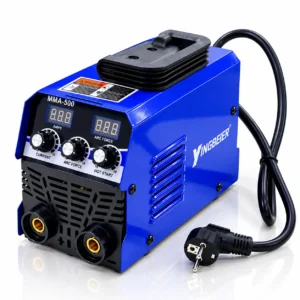 Blue MMA-500 DC inverter welding machine with welding helmet, cables, electrode holder, earth clamp, and wire brush.toolstationpakistan, toolstation.com