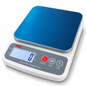 MNT Power digital compact kitchen scale with blue platform, white base and digital display toolstationpakistan, toolstation.com