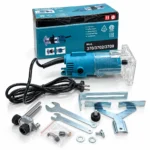 Teal electric wood trimmer router model 370/3702/3709 with transparent base, power cord and metal guide accessories. toolstationpakistan, toolstation.com