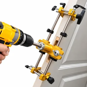 Adjustable gold alloy door mortising and drilling jig mounted on a wooden door with steel guide rods, clamps and cutter bits.toolstationpakistan, toolstation.com