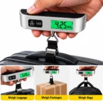 Digital luggage weighing scale with 50kg capacity, silver body, black strap and LCD display. toolstationpakistan, toolstation.com