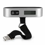Digital luggage weighing scale with 50kg capacity, silver body, black strap and LCD display. toolstationpakistan, toolstation.com