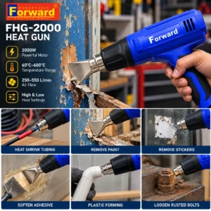 Forward FHG-2000 2000W heat gun used for paint removal, heat-shrink tubing, sticker removal and adhesive softening.toolstationpakistan, toolstation.com