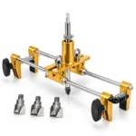 Adjustable gold alloy door mortising and drilling jig mounted on a wooden door with steel guide rods, clamps and cutter bits. toolstationpakistan, toolstation.com