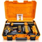 INGCO 20V cordless brushless impact wrench kit with two batteries, charger, impact sockets, LED work light and accessories on a white background. toolstationpakistan, toolstation.com