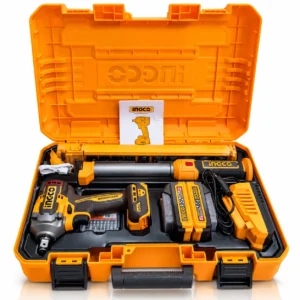 INGCO 20V cordless brushless impact wrench kit with two batteries, charger, impact sockets, LED work light and accessories on a white background. toolstationpakistan, toolstation.com