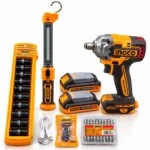 INGCO 20V cordless brushless impact wrench kit with two batteries, charger, impact sockets, LED work light and accessories on a white background. toolstationpakistan, toolstation.com