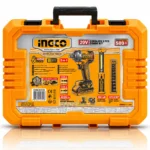 INGCO 20V cordless brushless impact wrench kit with two batteries, charger, impact sockets, LED work light and accessories on a white background.toolstationpakistan, toolstation.com