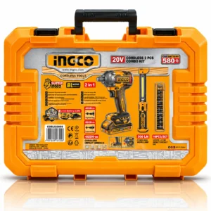 INGCO 20V cordless brushless impact wrench kit with two batteries, charger, impact sockets, LED work light and accessories on a white background.toolstationpakistan, toolstation.com