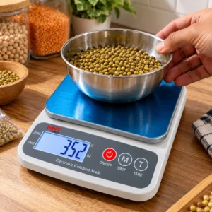 MNT Power digital compact kitchen scale with blue platform, white base and digital display toolstationpakistan, toolstation.com