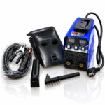 Blue MMA-500 DC inverter welding machine with welding helmet, cables, electrode holder, earth clamp, and wire brush.toolstationpakistan, toolstation.com