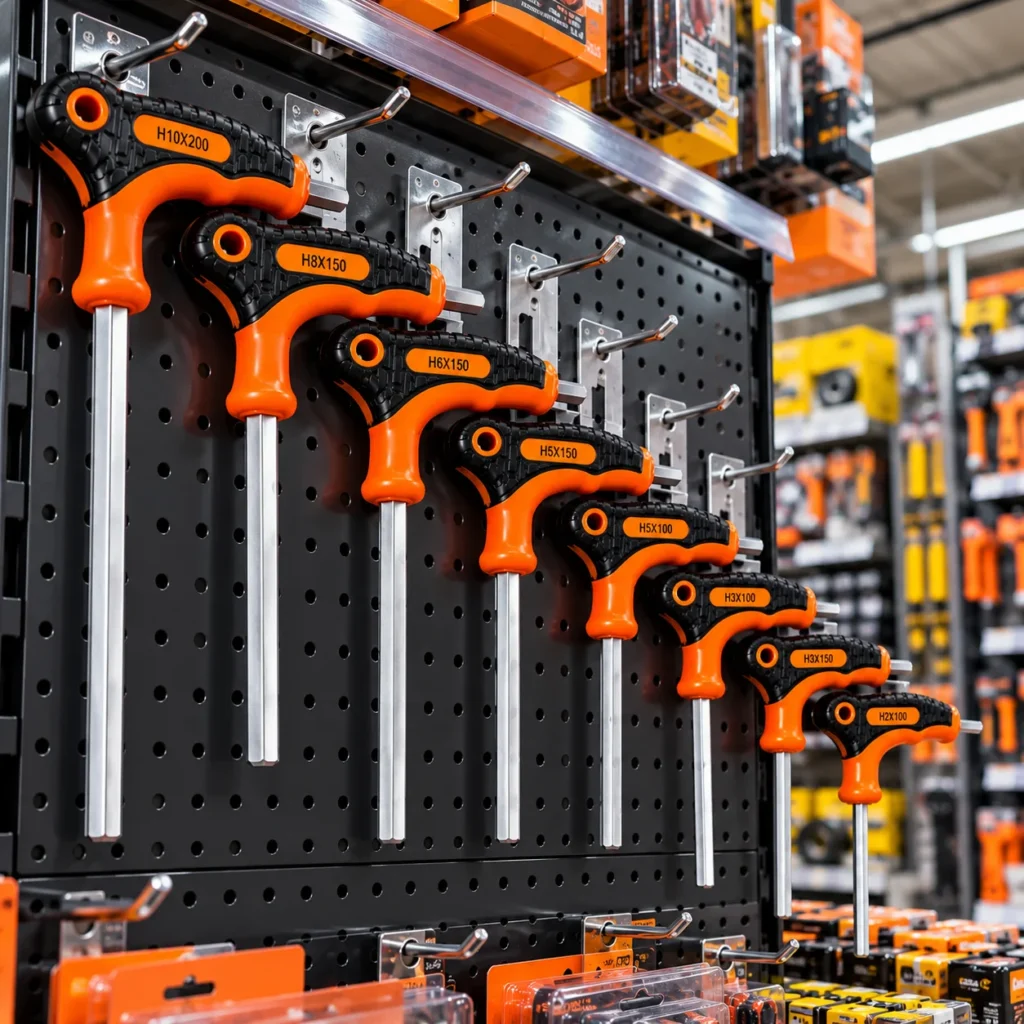 Sansheng SS-9603 8-piece orange and black T-handle hex key set hanging on a hardware store displaytoolstationpakistan, toolstation.com