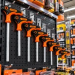 Sansheng SS-9603 8-piece orange and black T-handle hex key set hanging on a hardware store displaytoolstationpakistan, toolstation.com