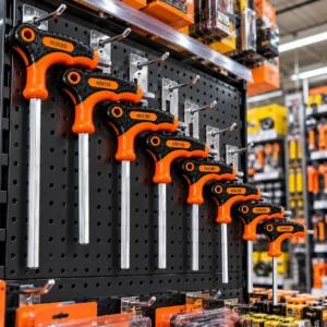 Sansheng SS-9603 8-piece orange and black T-handle hex key set hanging on a hardware store displaytoolstationpakistan, toolstation.com