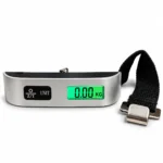 Digital luggage weighing scale with 50kg capacity, silver body, black strap and LCD display. toolstationpakistan, toolstation.com