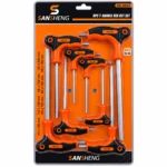Sansheng SS-9603 8-piece orange and black T-handle hex key set hanging on a hardware store displaytoolstationpakistan, toolstation.com