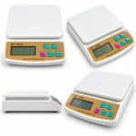 SF-400A digital electronic compact weighing scale with white platform, yellow control panel, LCD display and multiple function buttons on product packaging.toolstationpakistan, toolstation.com