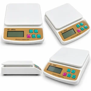 SF-400A digital electronic compact weighing scale with white platform, yellow control panel, LCD display and multiple function buttons on product packaging.toolstationpakistan, toolstation.com