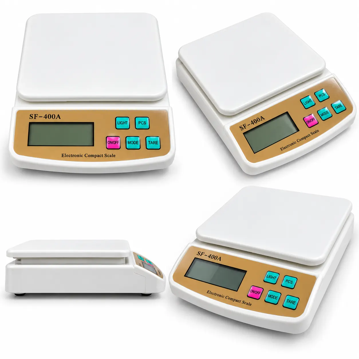 SF-400A Digital Electronic Compact Weighing Scale toolstationpakistan, toolstation.com SF-400A digital electronic compact weighing scale with white platform, yellow control panel, LCD display and multiple function buttons on product packaging.toolstationpakistan, toolstation.com