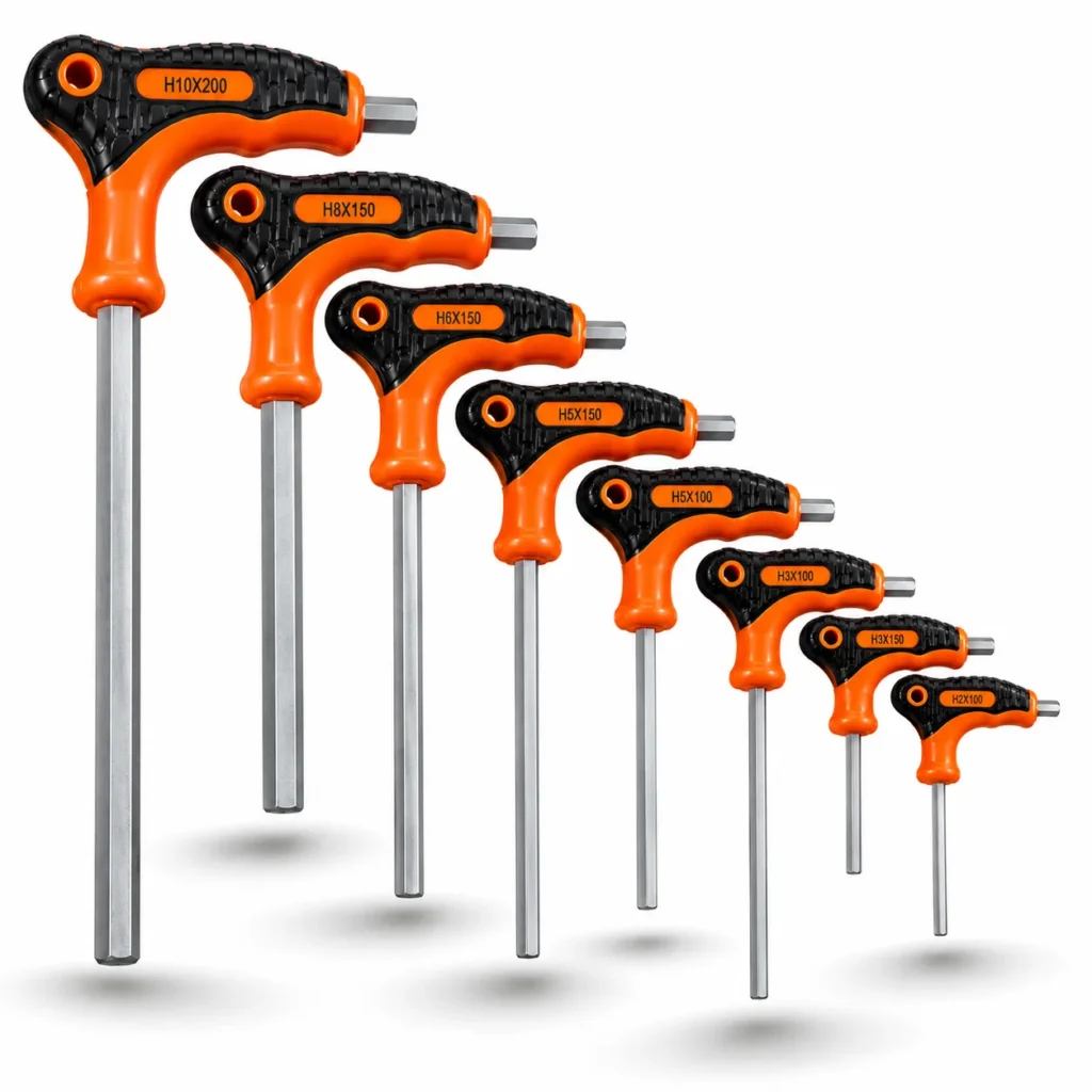 Sansheng SS-9603 8-piece orange and black T-handle hex key set hanging on a hardware store displaytoolstationpakistan, toolstation.com