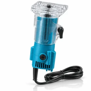 Teal electric wood trimmer router model 370/3702/3709 with transparent base, power cord and metal guide accessories. toolstationpakistan, toolstation.com