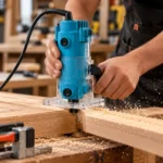 Teal electric wood trimmer router model 370/3702/3709 with transparent base, power cord and metal guide accessories.toolstationpakistan, toolstation.com